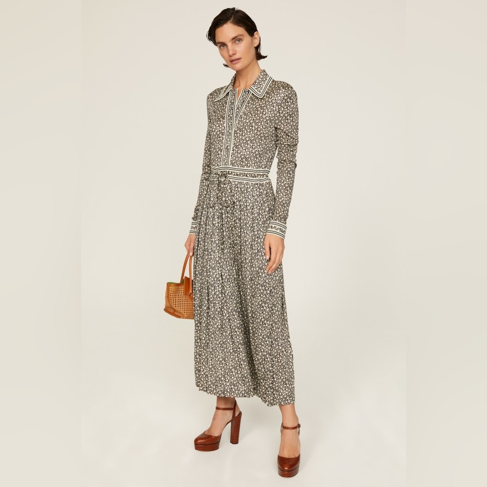 Tory Burch Ditsy Floral Knit Midi Shirt Dress Pleated Silk Blend Multi Sz 6